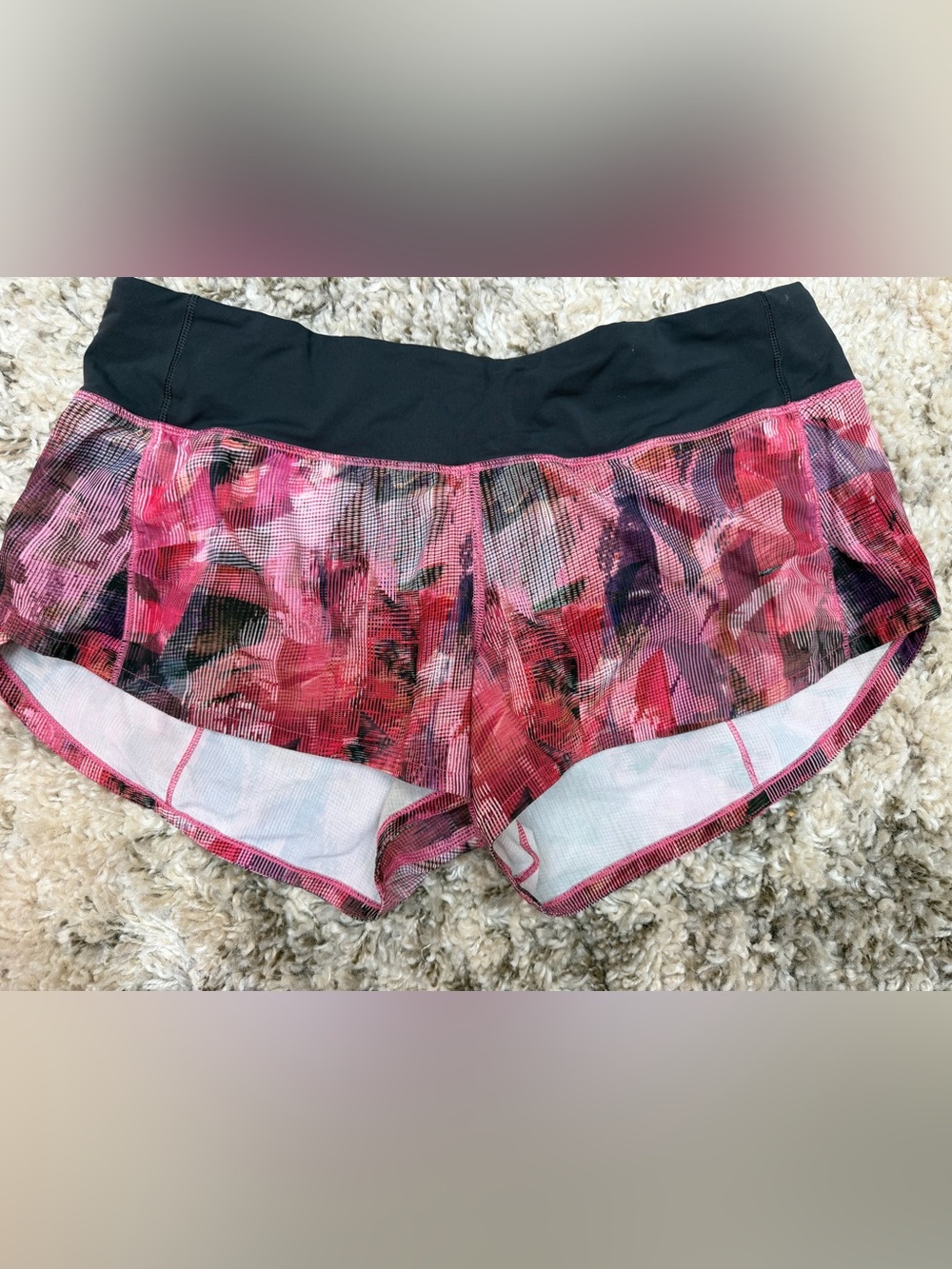LULULEMON Pink Abstract Print Athletic Shorts with Black Waistband 2.5”